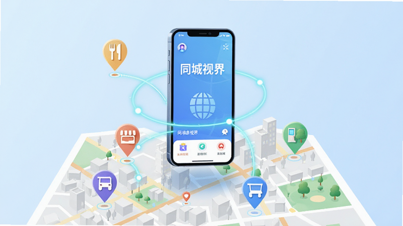 示意图,展示一个智能手机悬浮在城市地图上方,手机屏幕显示“同城视界”APP,周围环绕着发光的连接线,指向地图上的不同地点标记(如餐厅、商店、公园),地图风格为简洁的矢量图,颜色清新,强调位置与服务的连接,背景为淡蓝色渐变,科技感与生活气息并存,高清渲染,干净无杂乱元素