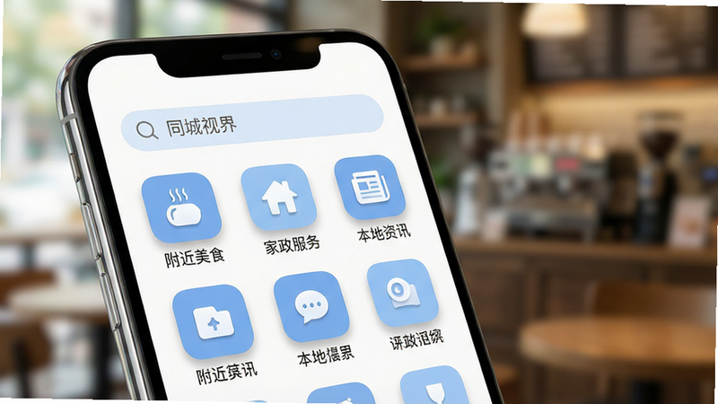一张高清手机屏幕特写图,显示着“同城视界”APP的主界面,界面设计极简现代,白色背景搭配柔和的蓝色主色调,顶部是搜索栏,中间是网格状的功能图标,包括“附近美食”、“家政服务”、“本地资讯”等,图标风格扁平化且带有细微阴影,屏幕边缘有轻微反光,背景是模糊的咖啡馆环境,光线柔和,突出APP界面的清晰度与易用性,画质8k,无多余元素