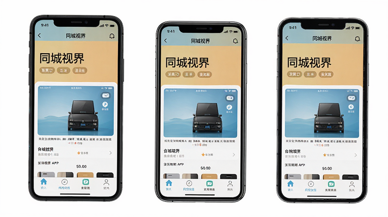 展示“同城视界”APP在不同手机型号上的适配效果,三部不同尺寸的手机并排摆放,屏幕均显示APP主页,界面元素清晰可见,排版整齐,字体大小适中,色彩搭配和谐,背景为纯白色,突出产品的通用性与美观度,专业产品摄影风格,高分辨率,无水印