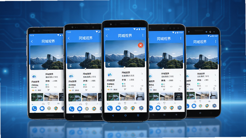 多部不同品牌的安卓手机并排展示,屏幕上均运行着“同城视界”APP,界面显示一致,突出兼容性与稳定性,背景为简洁的科技风蓝色渐变,光影效果柔和,体现产品对多设备的友好支持,高清商业摄影风格