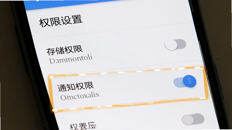 主体为安卓手机设置界面截图,高亮显示权限管理选项,布局为垂直列表,排版清晰,风格为系统原生UI,细节包含“存储权限”、“通知权限”开关,画质清晰,干净,无多余元素,文字引用