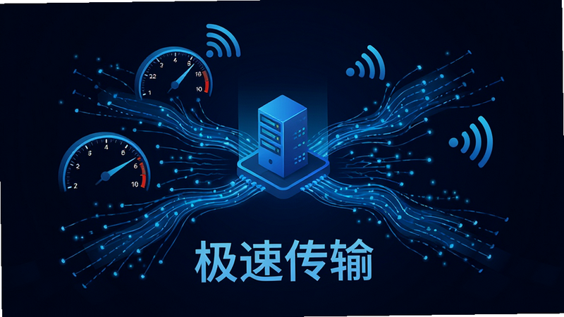 主体为抽象的高速数据流线条汇聚到中心服务器图标,布局呈放射状,排版极简,风格为蓝色科技感,细节包含速度仪表盘与网络信号标志,画质锐利,干净,无多余元素,文字引用