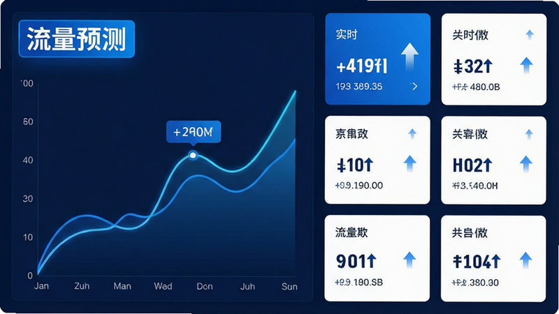 主体为数据可视化仪表盘界面,布局左侧为趋势曲线图,右侧为关键指标卡片,排版整齐,风格商务蓝白配色,细节包含上升箭头与实时数据标签,画质清晰,干净,无多余元素,文字“流量预测”高亮显示