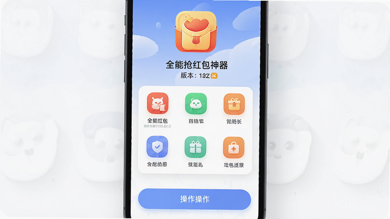 主体为一款名为“全能抢红包神器”的手机应用界面预览图,布局采用居中对称设计,顶部显示软件Logo及版本号,中部为简洁的功能列表图标,底部为操作按钮,风格为现代扁平化UI,细节包含柔和的阴影效果和高清文字排版,画质4K,干净无多余元素