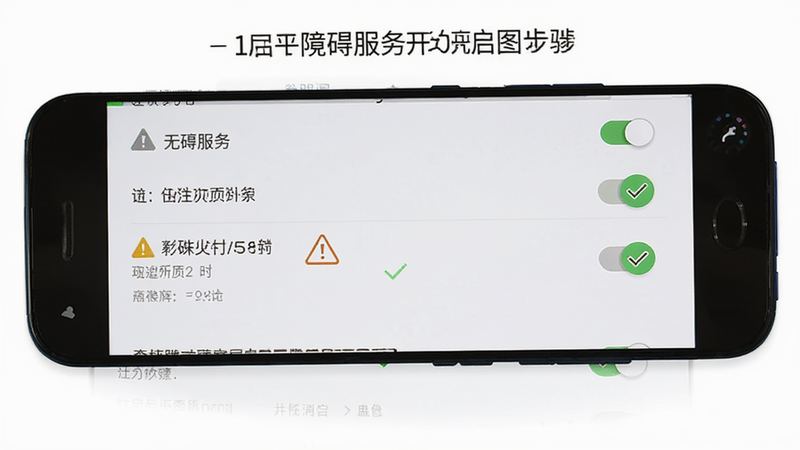 展示安卓手机设置界面中开启无障碍服务的步骤图,主体为手机屏幕,布局清晰显示权限开关状态,排版直观,风格简洁明了,细节包含勾选标记和警示图标,画质清晰,干净无干扰元素