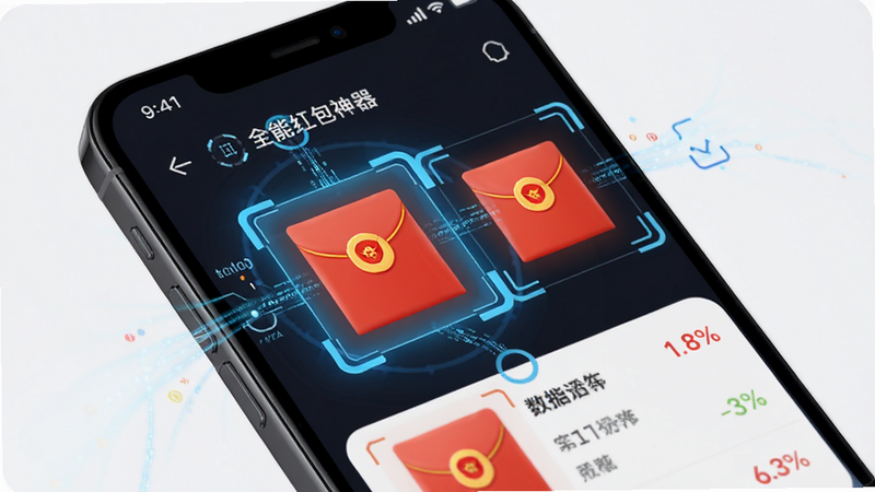 展示全能抢红包神器智能识别界面的示意图,主体为手机屏幕特写,布局清晰展示红包图标被高亮框选的过程,排版紧凑,风格科技感强,细节包含数据流动的光效和精准的定位框,画质高清,干净无杂乱背景