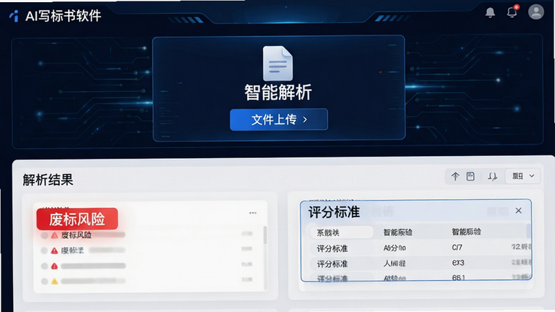 主体为AI写标书软件的文件解析功能界面,布局分为上下两部分,上部为文件上传区域,下部为解析结果卡片,排版紧凑有序,风格科技感强,细节展示高亮显示的“废标风险”标签与“评分标准”提取框,文字显示“智能解析”,画质锐利,背景纯净,无杂乱装饰