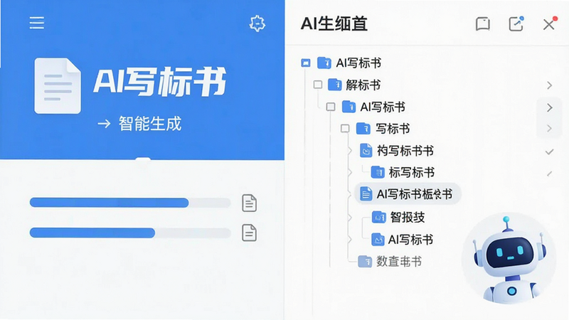 主体为AI写标书安卓版应用界面,布局简洁现代,左侧展示招标文件解析进度条,右侧显示生成的标书目录结构树,排版工整清晰,风格为扁平化商务蓝白色调,细节包含文档图标与AI机器人助手形象,文字清晰显示“AI写标书”及“智能生成”,画质高清,干净无多余元素
