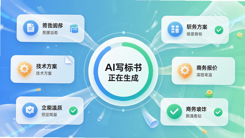 主体为AI写标书软件的内容生成界面,布局为中心辐射式,中央显示生成进度环,四周环绕技术方案、商务报价等模块图标,排版具有动态感,风格明亮清新,细节包含文档流动特效与勾选完成状态,文字显示“AI写标书 正在生成”,画质细腻,色彩和谐,无冗余元素