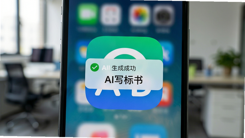 主体为手机桌面与AI写标书应用图标特写,布局简洁,图标居中,背景为模糊的办公室环境,风格真实摄影风,细节展示手机屏幕上的“生成成功”通知弹窗,文字显示“AI写标书”,画质逼真,光影自然,无多余图标干扰
