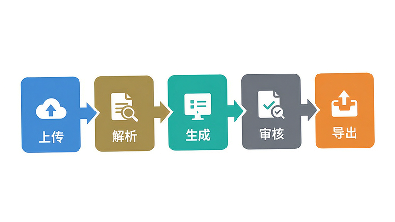 主体为AI写标书软件的操作流程图,布局为横向步骤条,每个步骤配有简洁图标,排版清晰直观,风格扁平化设计,细节展示从上传到导出的五个关键节点,文字标注“上传”、“解析”、“生成”、“审核”、“导出”,画质清晰,色彩区分明显,无复杂背景