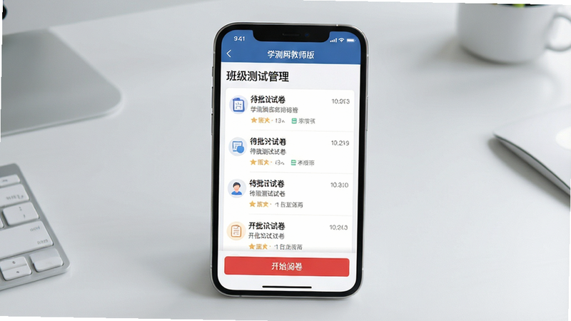һ�Ÿ���дʵ������������չʾͼ������Ϊ��ѧ������ʦ�桱App���ֻ�ȫ�����棬����������������ʾ���༶���Թ��������⣬�м��б�չʾ����������Ծ���Ŀ���ײ��С���ʼ�ľ�����ɫ��ť������Ϊ�ɾ���ǳ��ɫ�칫���棬������ͣ��޶���Ԫ�أ�4k���ʣ����������ɶ�