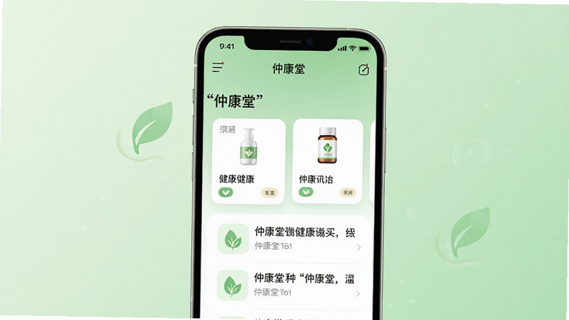 主体为智能手机屏幕,显示“仲康堂”APP首页界面,背景为柔和的淡绿色渐变,布局清晰,顶部有导航栏,中部展示健康产品卡片与资讯列表,排版整齐,风格简约现代,细节处体现健康元素如叶子图标,画质高清,干净,无多余元素,文字加引号“仲康堂”