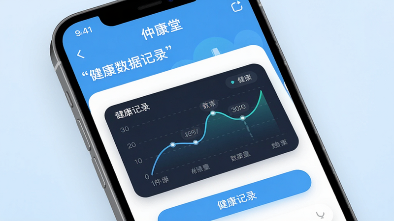 主体为手机屏幕,显示“仲康堂”APP的健康数据记录界面,背景为浅蓝色,布局为列表与图表结合,排版清晰,风格科技感,细节展示数据曲线与记录按钮,画质高清,干净,无多余元素,文字加引号“健康记录”