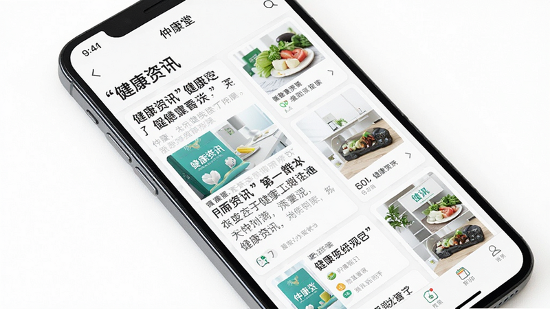 主体为手机屏幕特写,显示“仲康堂”APP的资讯推荐页面,背景为白色,布局为瀑布流式,排版紧凑,风格清新,细节展示文章标题与缩略图,画质清晰,干净,无多余元素,文字加引号“健康资讯”