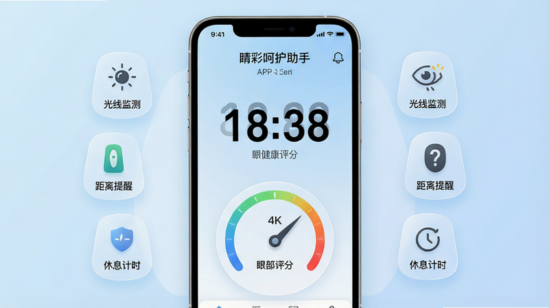 一张高分辨率的手机应用界面全景展示图,主体为“睛彩呵护助手”APP的主屏幕界面,背景为柔和的浅蓝色渐变,中央显示巨大的数字时钟和眼部健康评分仪表盘,周围环绕着简洁的功能图标如“光线监测”、“距离提醒”、“休息计时”,布局采用中心对称式,排版清晰有序,风格为现代极简主义UI设计,细节处带有微弱的玻璃拟态效果,画质4K,干净无多余元素,文字标注清晰可见