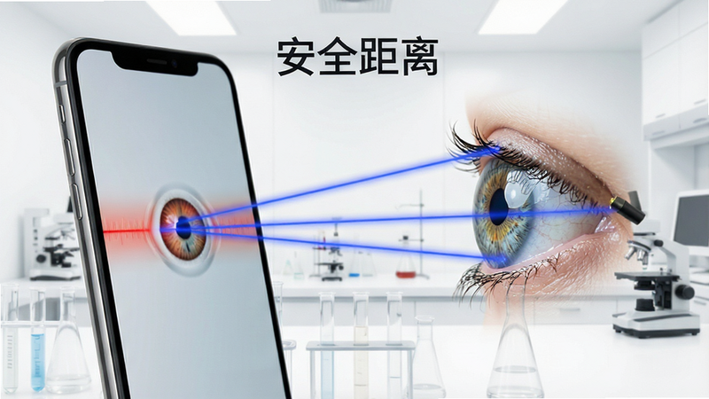 示意图展示眼睛、手机屏幕之间的距离测量过程,使用蓝色激光线连接眼球与屏幕,背景为白色实验室风格,布局简洁,中心突出“安全距离”字样,风格专业严谨,细节清晰,画质极佳,无多余装饰