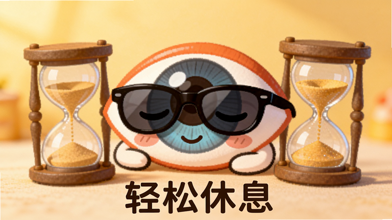 一个拟人化的眼睛角色戴着墨镜正在打盹,旁边有一个沙漏正在计时,背景是温馨的暖色调,布局居中,风格卡通可爱,细节柔和,画质清晰,文字“轻松休息”位于底部,干净无干扰