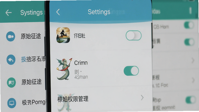 主体为手机设置界面,显示“原始征途”应用权限管理,背景为系统设置菜单,布局列表式,排版整齐,风格为扁平化UI设计,细节包括开关图标,画质清晰,干净,无多余元素
