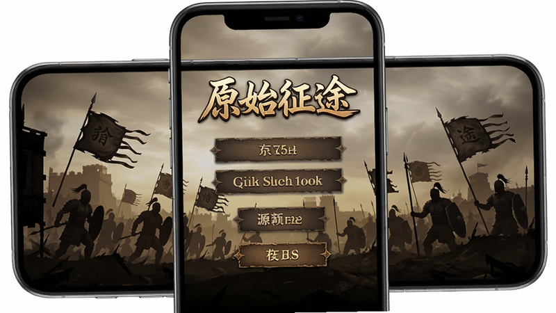 主体为手机屏幕界面,展示“原始征途”游戏主菜单,背景是古代战场剪影,布局居中,排版整洁,风格为写实3D渲染,细节丰富,画质高清,干净无多余元素,文字标签清晰可见