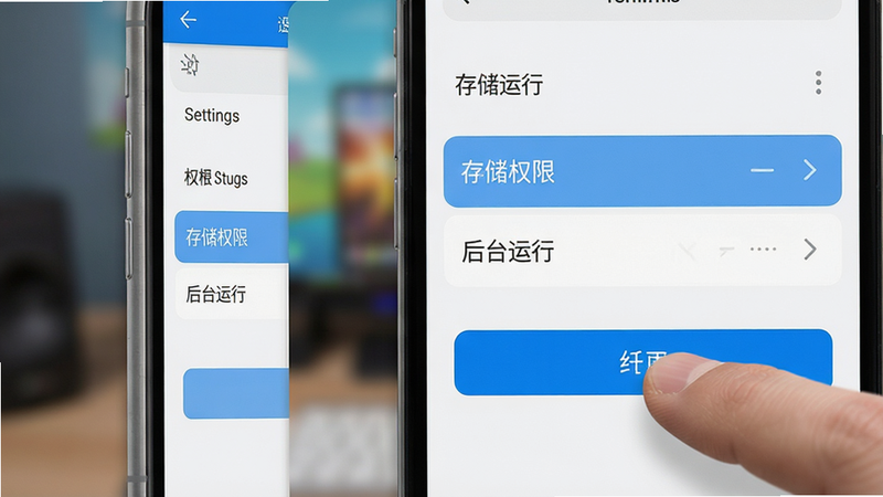 主体:手机屏幕界面,显示着游戏的设置菜单和权限列表;布局:左侧是手机边框,右侧是放大的设置界面;排版:清晰的UI界面,高亮显示“存储权限”和“后台运行”选项;风格:现代扁平化设计,简洁明了;细节:手指正在点击确认按钮,背景模糊处理;画质:高清,无噪点,色彩还原准确