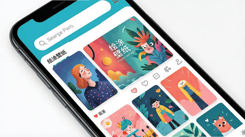 绘制一张手机界面展示图,主体为“绘涂壁纸”APP启动页或主界面,布局清晰,包含顶部搜索栏和网格状壁纸预览区,风格为现代简约扁平化设计,细节丰富,色彩鲜艳,画质高清,干净无多余元素,文字显示为“绘涂壁纸”