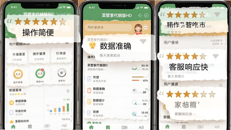 一张展示用户好评的截图拼贴图,背景为“菜管家代销版HD”APP界面,上方叠加几条五星好评评论,内容涉及“操作简便”、“数据准确”、“客服响应快”,字体清晰,布局整齐,风格温暖亲切,画质清晰,无杂乱背景
