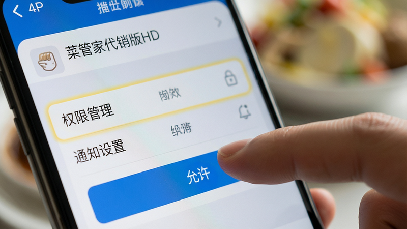 一张手机操作界面的特写图,显示“菜管家代销版HD”APP的设置页面,重点高亮显示“权限管理”和“通知设置”选项,手指正在点击“允许”按钮,背景虚化,突出操作细节,风格写实,光影自然,画质高清,无水印