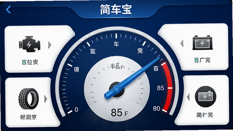 简车宝应用内的车况评分仪表盘界面,蓝色指针指向85分,周围有发动机、电池、轮胎等图标,背景为深蓝色渐变,布局紧凑,风格专业,细节丰富,画质清晰