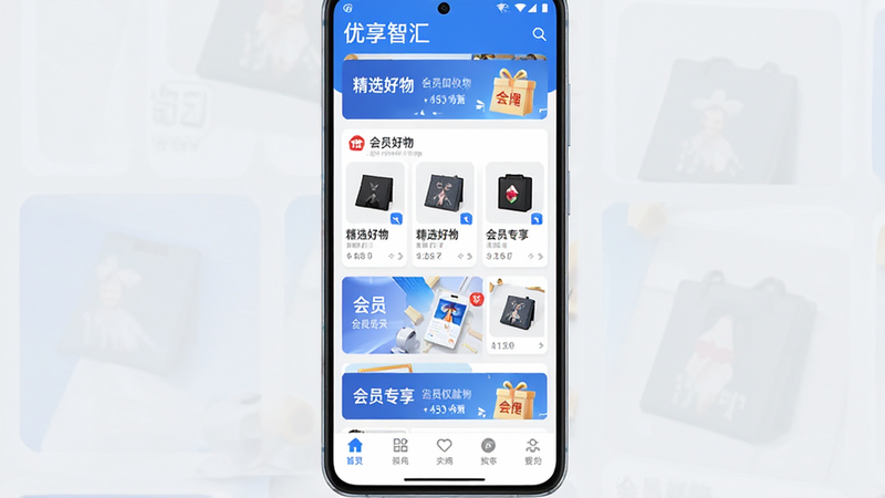 主体为优享智汇App安卓手机界面截图,布局为垂直滚动信息流,排版整洁,风格现代简约科技蓝白色调,细节展示商品卡片、会员权益横幅、底部导航栏,文字清晰显示