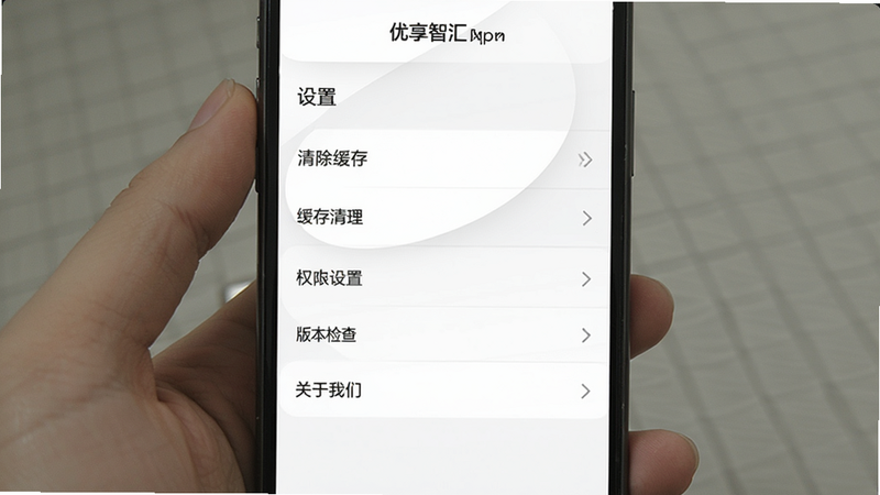 主体为优享智汇App设置页面,布局为列表式选项,排版清晰,风格简洁白底黑字,细节展示权限管理、缓存清理、版本检查、关于我们等选项,文字标注