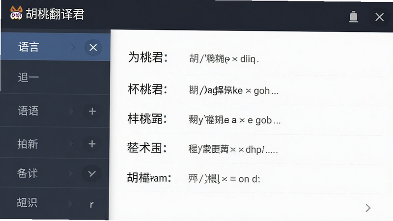 主体为胡桃翻译君安卓应用界面,布局采用左侧语言选择栏右侧翻译结果区,排版清晰简洁,风格为现代扁平化UI,细节包含中文字符与英文字符对照,画质高清,干净无多余元素,文字显示