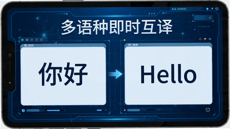 主体为多语言翻译对比界面,布局为左右分栏结构,排版紧凑有序,风格为科技感蓝色调,细节显示中文