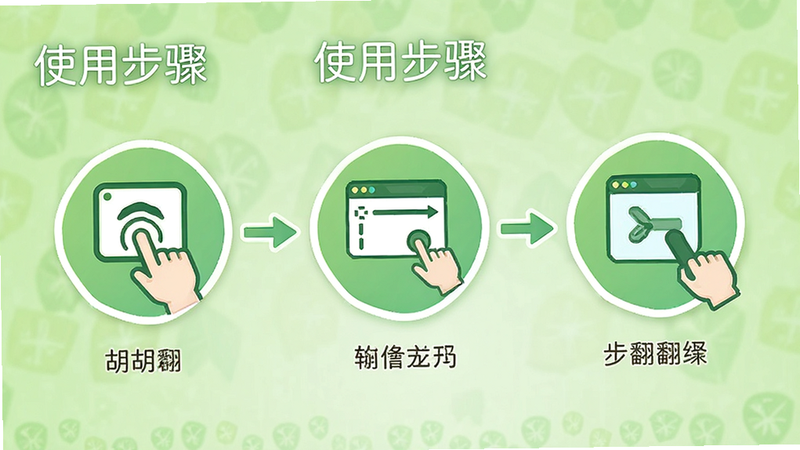 主体为胡桃翻译君操作流程图,布局为步骤式排列,排版从左至右,风格为清新绿色调,细节包含点击、输入、翻译三个动作图标,画质清晰,干净无多余装饰,文字显示