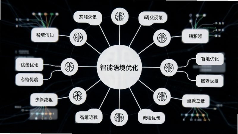主体为AI智能分析流程图,布局为中心辐射状结构,排版对称平衡,风格为极简白色背景,细节包含大脑图标与连接节点,展示语境优化逻辑,画质高保真,干净无杂乱线条,文字显示