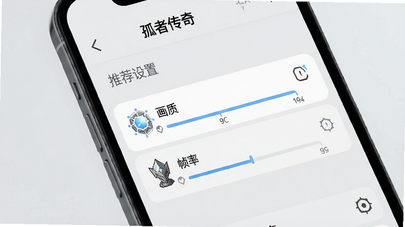 生成一张手机屏幕示意图,显示《孤者传奇》的设置界面,突出“画质”和“帧率”选项,界面风格简洁现代,图标清晰,背景为浅灰色,文字标注“推荐设置”,高清UI设计,无其他干扰元素