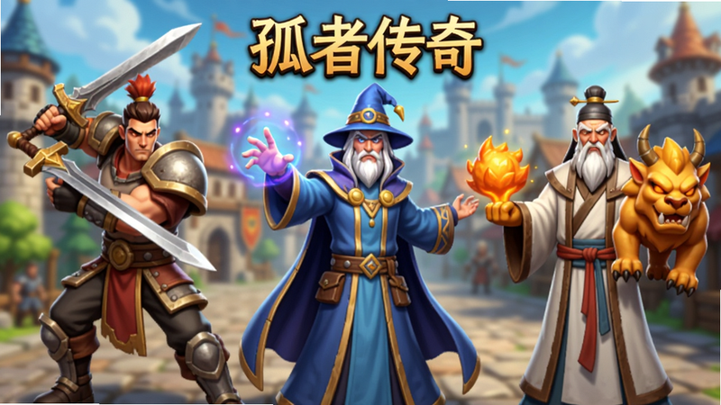 生成《孤者传奇》职业选择界面示意图,左侧是挥剑的战士,中间是施法的法师,右侧是召唤神兽的道士,三人并排站立,背景为模糊的游戏主城,风格为游戏UI设计,色彩鲜明,人物形象立体,高清渲染,布局对称,无杂乱背景