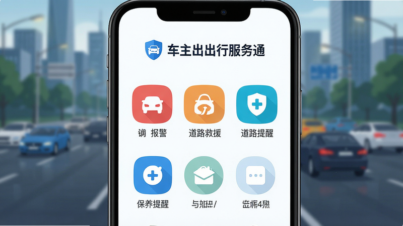 一张展示“车主出行服务通”App主界面的高清数字插画,主体是手机屏幕,屏幕上清晰显示着“车主出行服务通”的Logo和核心功能图标(如一键报警、道路救援、保养提醒),布局整洁有序,采用扁平化设计风格,色彩以科技蓝和白色为主,背景为模糊的城市道路场景,细节丰富,画质清晰,无多余元素