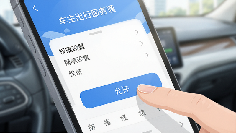 一张手机屏幕特写插画,显示“车主出行服务通”的权限设置界面,手指正在点击“允许”按钮,背景虚化,突出操作细节,风格简洁现代,光线明亮,无其他干扰元素