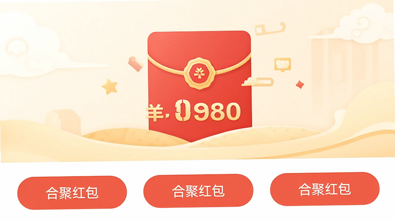 主体为合聚红包安卓应用界面截图,布局采用上下分屏结构,上方显示红色喜庆的红包图标与金额数字,下方排列三个功能按钮,排版对称整洁,风格为扁平化UI设计,细节清晰,画质高清,干净无多余元素,文字包含