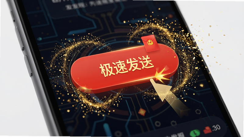 主体为手机屏幕特写,展示点击发送红包的动态效果,布局中心聚焦红色按钮,周围环绕金色粒子特效,排版简洁明了,风格为科技感与喜庆感结合,细节精致,画质清晰,干净无杂乱背景,文字包含