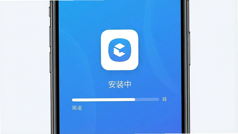 主体为手机下载安装包界面,显示进度条,布局简洁,排版居中,风格为现代移动UI,细节流畅,画质高清,干净无杂质,文字包含