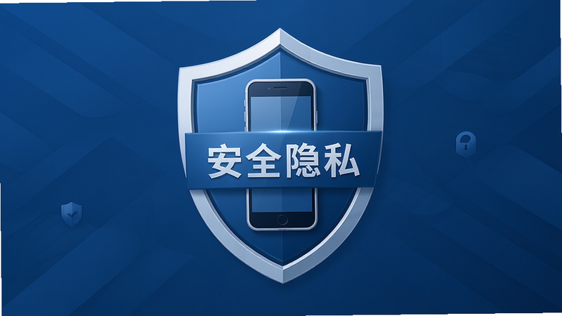 主体为盾牌图标包裹手机图案,象征安全防护,布局居中对称,排版稳重,风格为商务安全蓝调,细节严谨,画质清晰,干净无干扰元素,文字包含