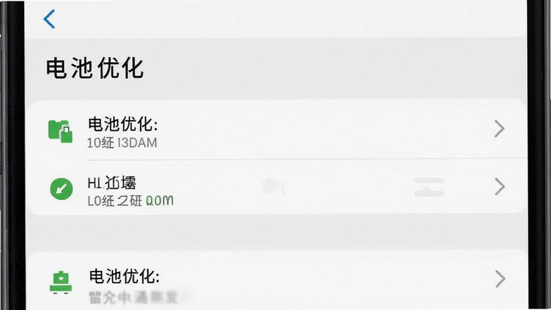 主体为手机设置界面示意图,展示电池优化选项,布局清晰,排版整齐,风格为系统原生UI,细节准确,画质清晰,干净无广告,文字包含