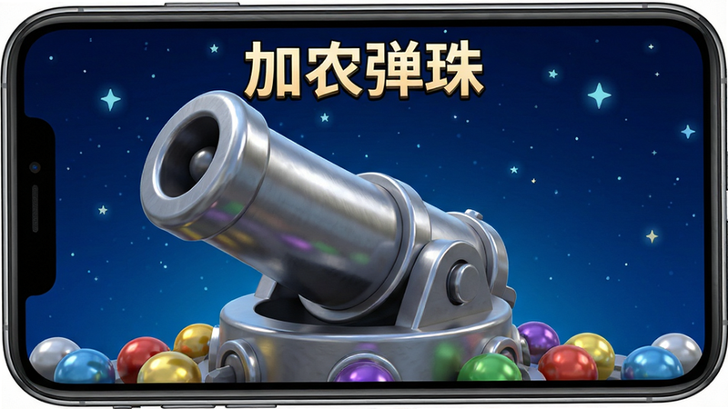 画面主体为手机屏幕,显示着“加农弹珠”游戏界面,背景是深蓝色星空,前景有巨大的金属加农炮台和彩色弹珠,布局居中,排版整洁,风格为卡通3D渲染,细节处有金属光泽和弹珠高光,画质高清,干净,无多余元素,文字“加农弹珠”清晰可见