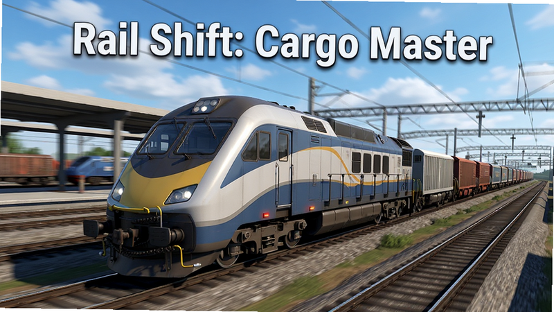 主体为 Rail Shift: Cargo Master 游戏的精美宣传海报,画面中心是一列正在加速行驶的现代化货运火车,背景是繁忙的铁路枢纽站和蓝天白云,构图采用广角透视,突出火车的动感与规模,风格为写实3D渲染,细节丰富,光影效果逼真,画质高清,干净无多余元素,文字“Rail Shift: Cargo Master”位于画面顶部中央,字体清晰醒目