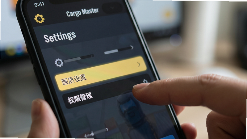 主体是手机屏幕特写,显示 Rail Shift: Cargo Master 游戏的设置界面,重点高亮“画质设置”和“权限管理”选项,手指正在点击屏幕,背景虚化,突出操作细节,风格为写实摄影风格,光线柔和,画质高清,无多余杂物,文字“Settings”清晰可见