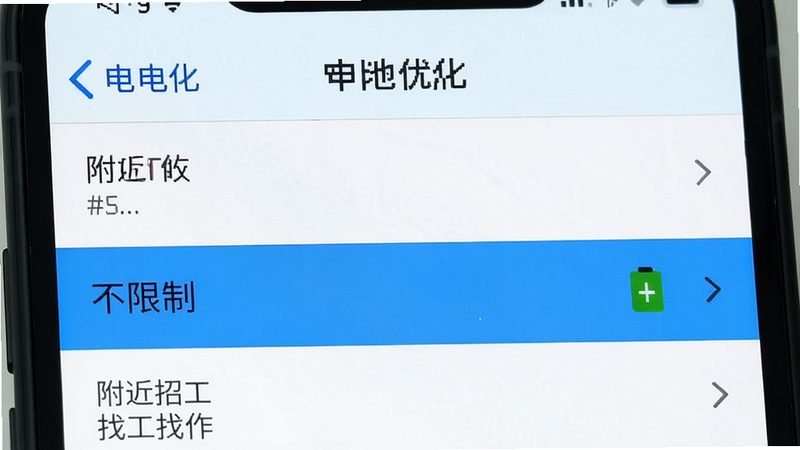 一张展示手机设置界面的模拟图,主体为“电池优化”设置页面,高亮显示“不限制”选项,布局清晰,排版标准,风格扁平化,细节准确,画质高,干净,无多余元素,文字包含“附近招工找工作”