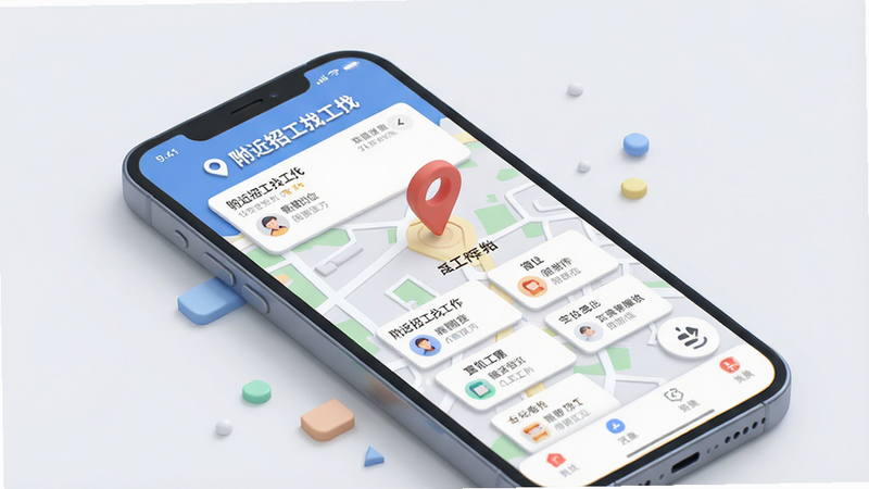 一张展示“附近招工找工作”APP首页界面的3D立体概念图,主体为手机模型,屏幕上显示地图定位和周围的工作岗位卡片,布局清晰,排版整洁,风格现代简约,细节丰富,画质高清,干净,无多余元素,文字包含“附近招工找工作”
