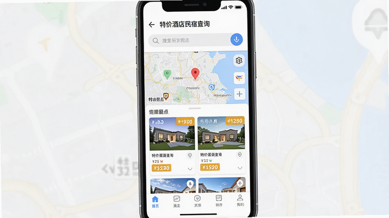 主体为手机屏幕界面展示“特价酒店民宿查询”应用首页,布局清晰,顶部为搜索框,中间为地图定位与房源列表结合,底部为导航栏,风格现代简约,细节包含价格标签高亮显示,画质高清,干净,无多余元素